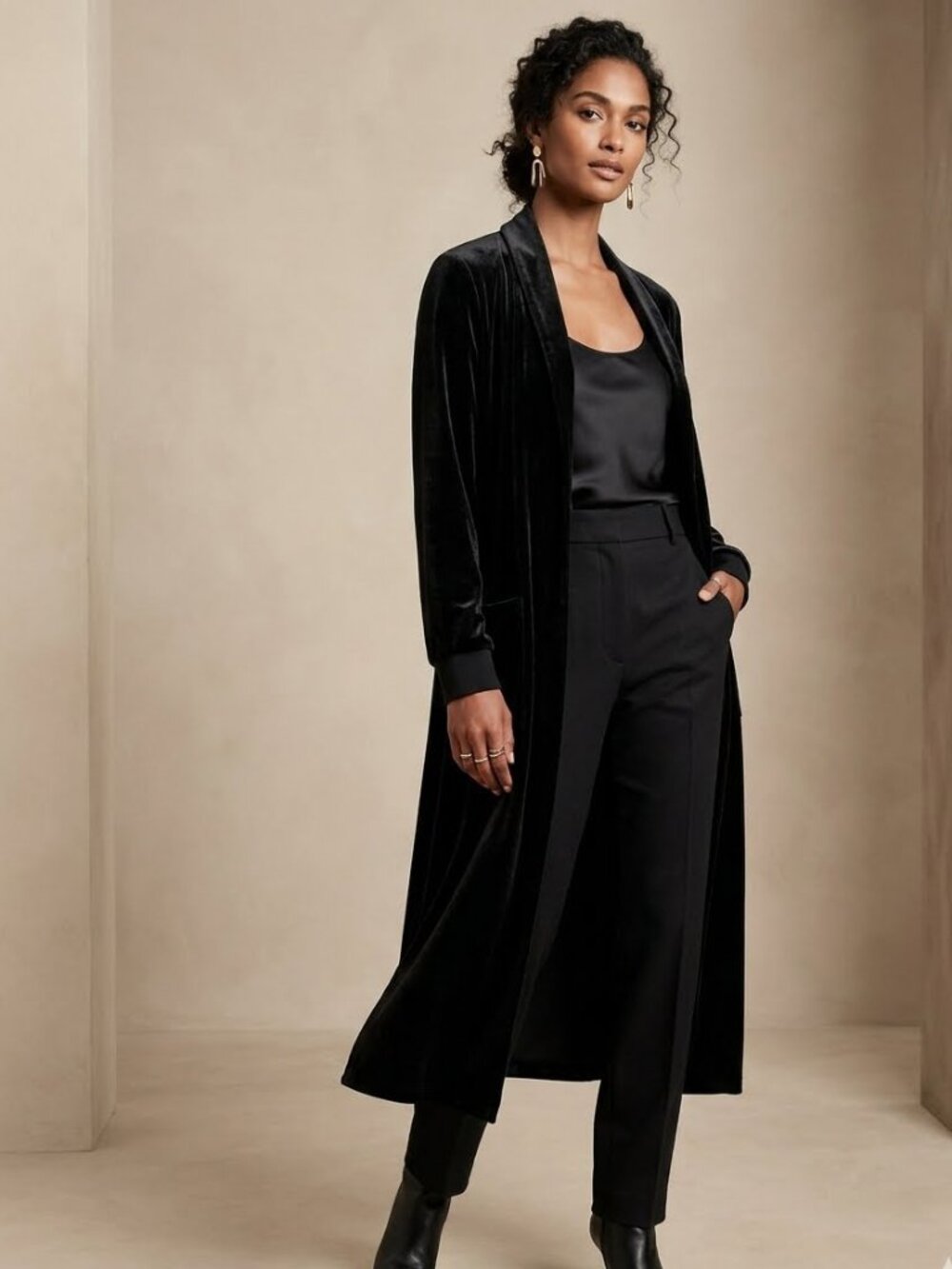 Open-Front Black Velvet Long Jacket / Duster Coat